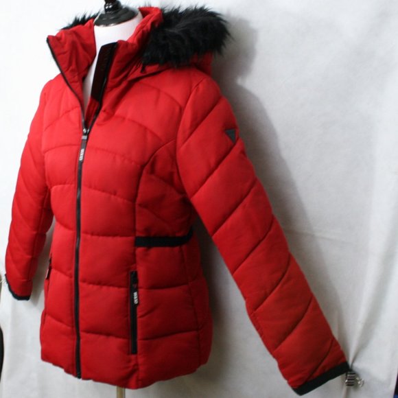 Guess Jackets & Blazers - Guess Red Polyester Lined Puffer Coat w/ Faux-Fur Hood SZ M EUC